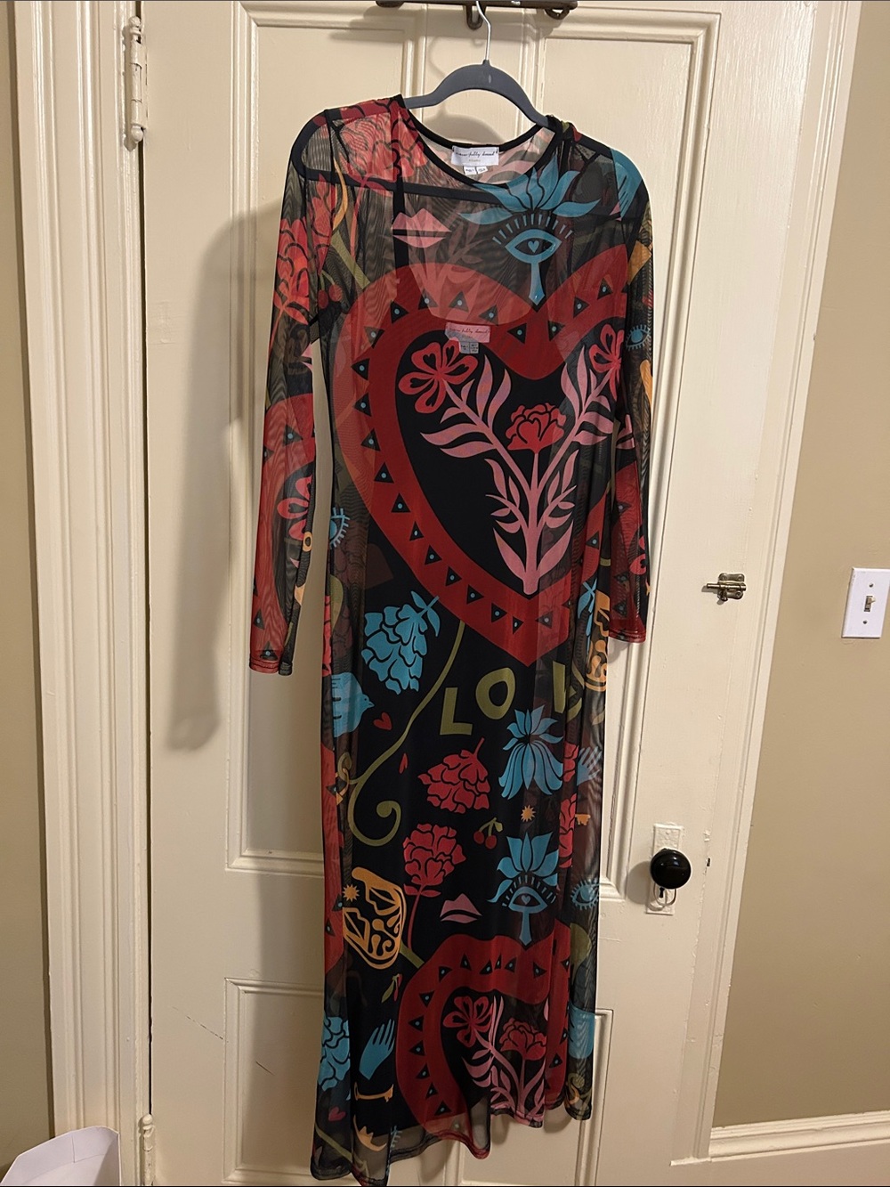 Never Fully Dressed Amara Mesh Midi Dress in Black with Red, Blue and Pink Print